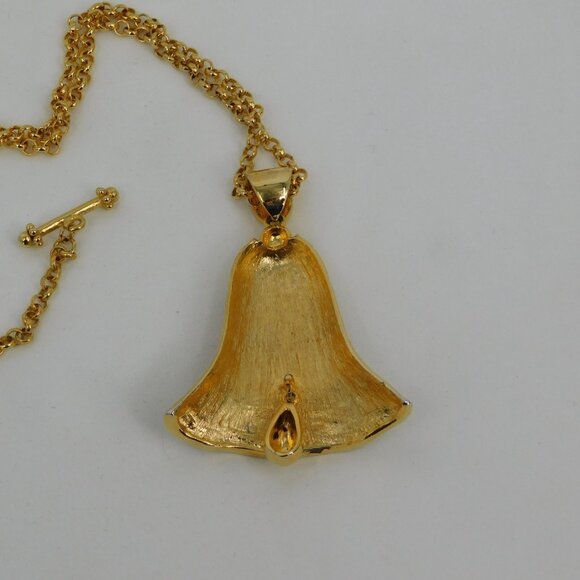 Bell Shaped Pendant Necklace Gold Tone Cloisonne Rhinestones Over 28" Long FLAW - Picture 2 of 6